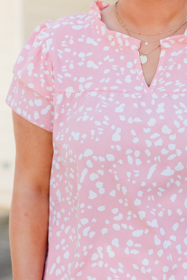 Chic Soul plus size clothing, light pink short sleeve top with white speckled top
