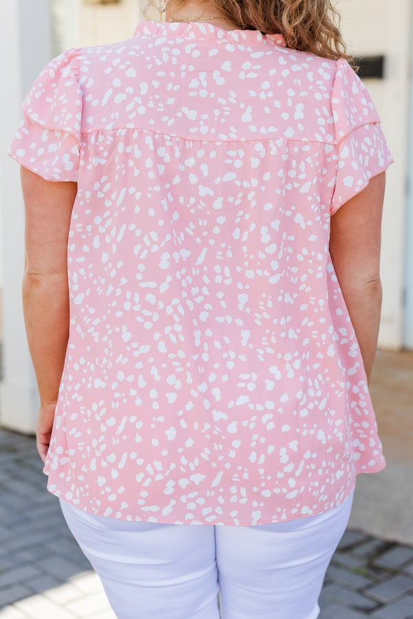 Chic Soul plus size clothing, light pink short sleeve top with white speckled top