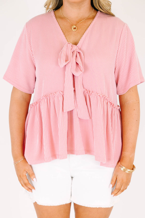 Chic soul plus size clothing, ribbed pink short sleeve top, with a tie bow at the bottom of the neckline