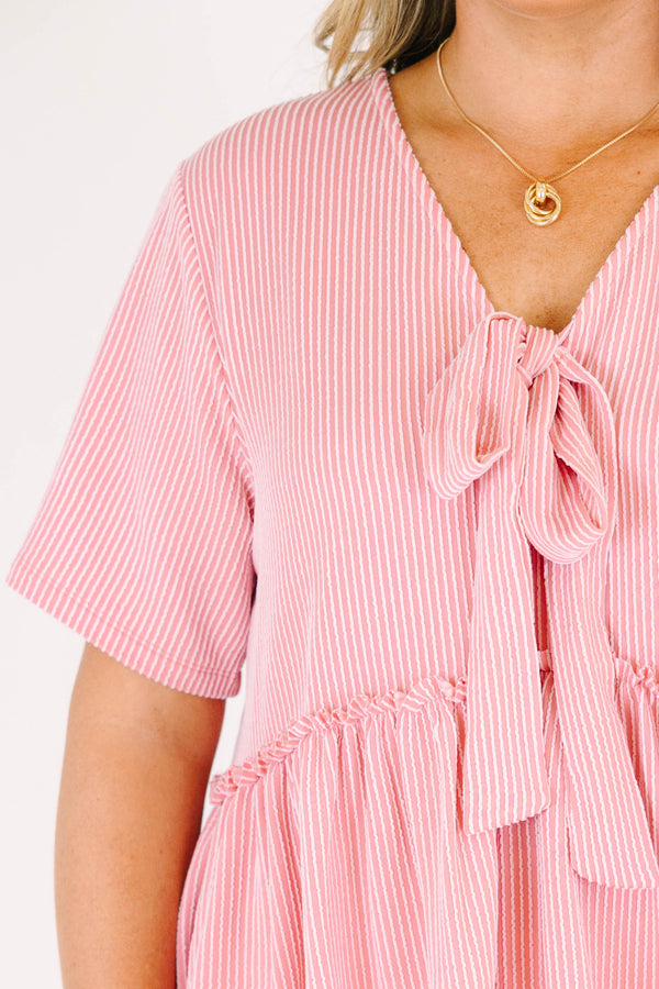 Chic soul plus size clothing, ribbed pink short sleeve top, with a tie bow at the bottom of the neckline