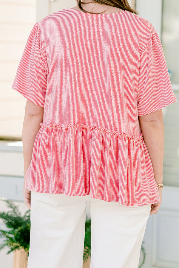 Chic soul plus size clothing, Red stripe short sleeve top, with a tie bow at the bottom of the neckline