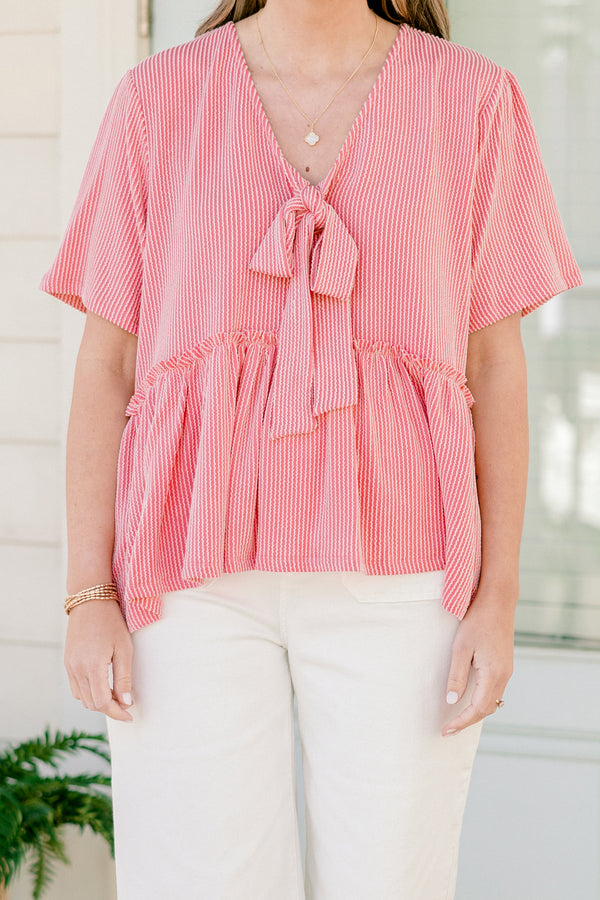 Chic soul plus size clothing, Red stripe short sleeve top, with a tie bow at the bottom of the neckline