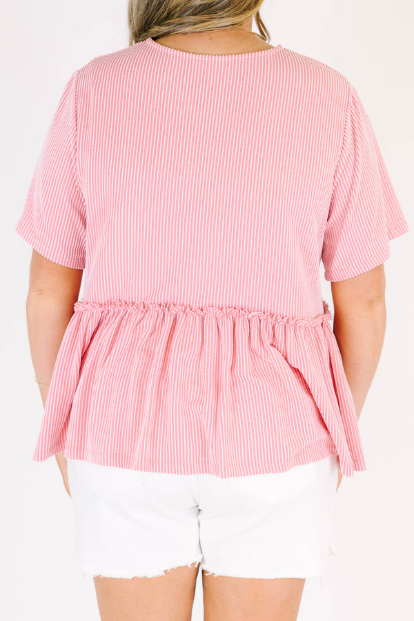 Chic soul plus size clothing, ribbed pink short sleeve top, with a tie bow at the bottom of the neckline