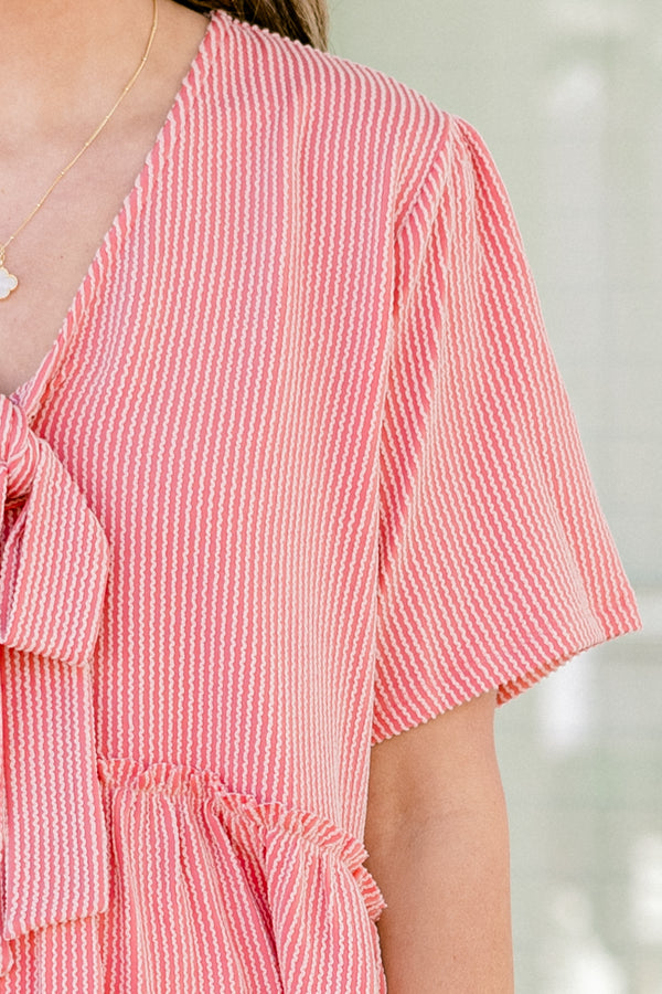 Chic soul plus size clothing, Red stripe short sleeve top, with a tie bow at the bottom of the neckline