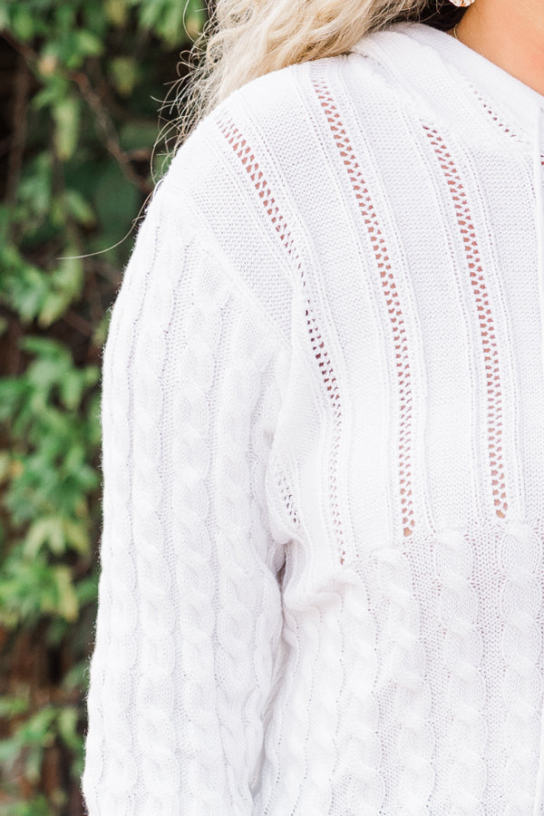 Chic Soul plus size clothing, long sleeve white cable knit sweater hoodie with drawstring and hoodie detail 