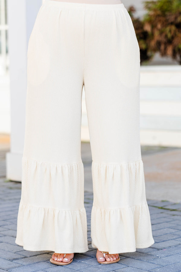 Chic Soul plus size clothing, oatmeal knit pants with tiered layers on the bottom