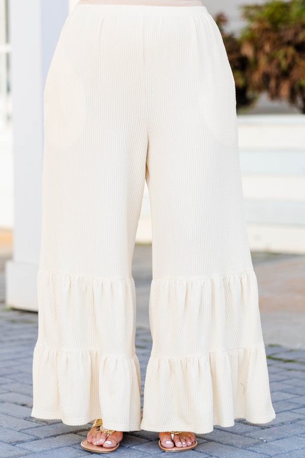 Chic Soul plus size clothing, oatmeal knit pants with tiered layers on the bottom