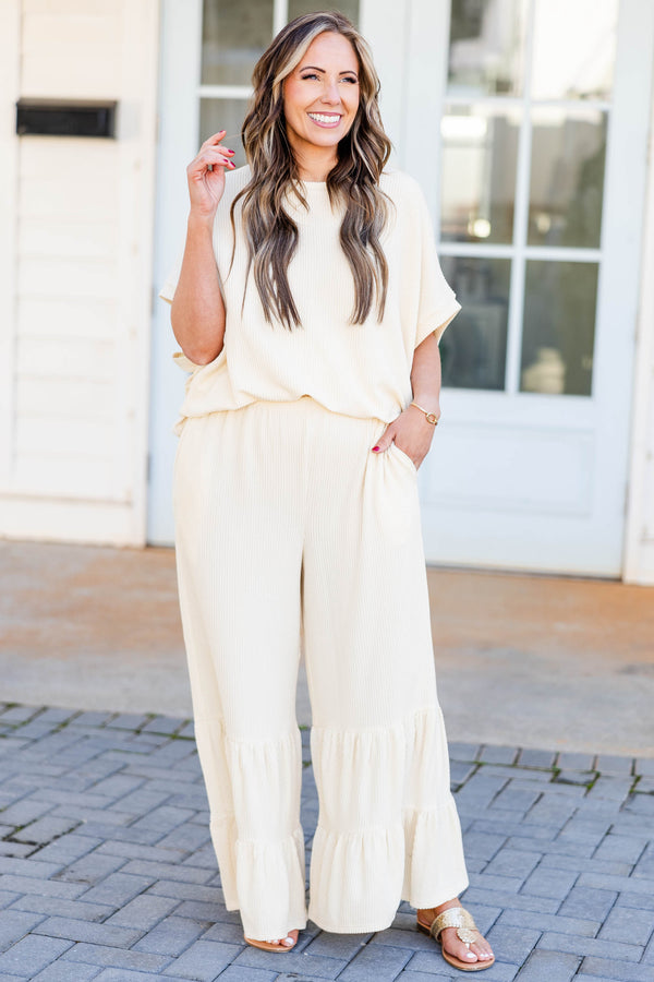 Chic Soul plus size clothing, oatmeal knit pants with tiered layers on the bottom