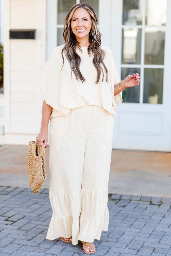 Chic Soul plus size clothing, oatmeal knit pants with tiered layers on the bottom