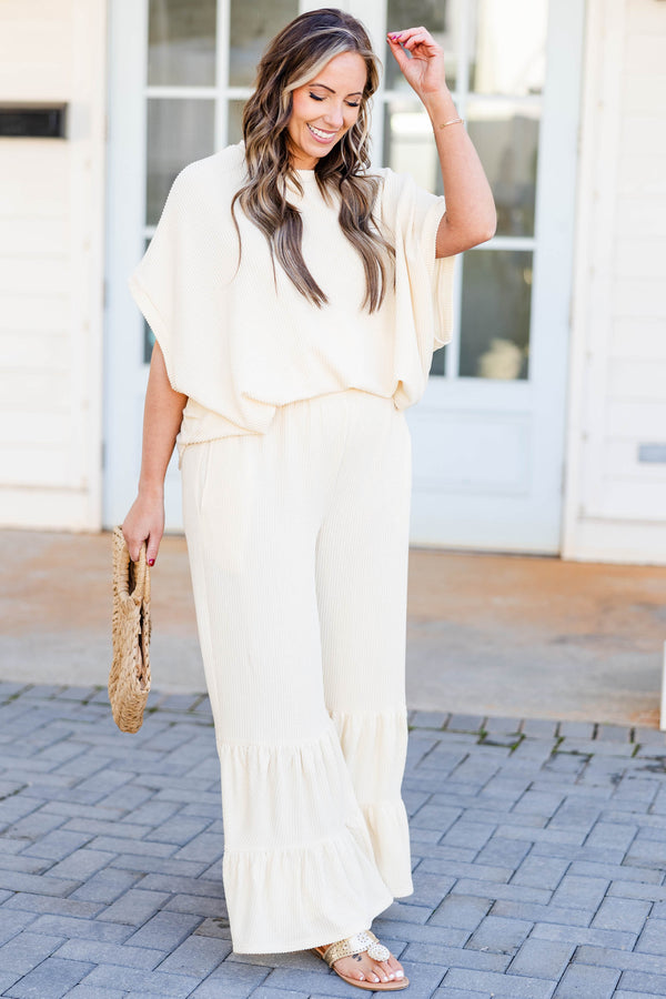 Chic Soul plus size clothing, oatmeal knit pants with tiered layers on the bottom