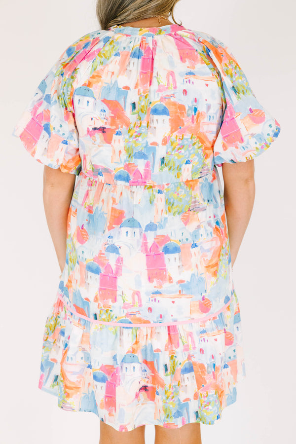 Chic soul plus size clothing, Multi color short baby doll dress with an abstract pattern and bubble sleeves 