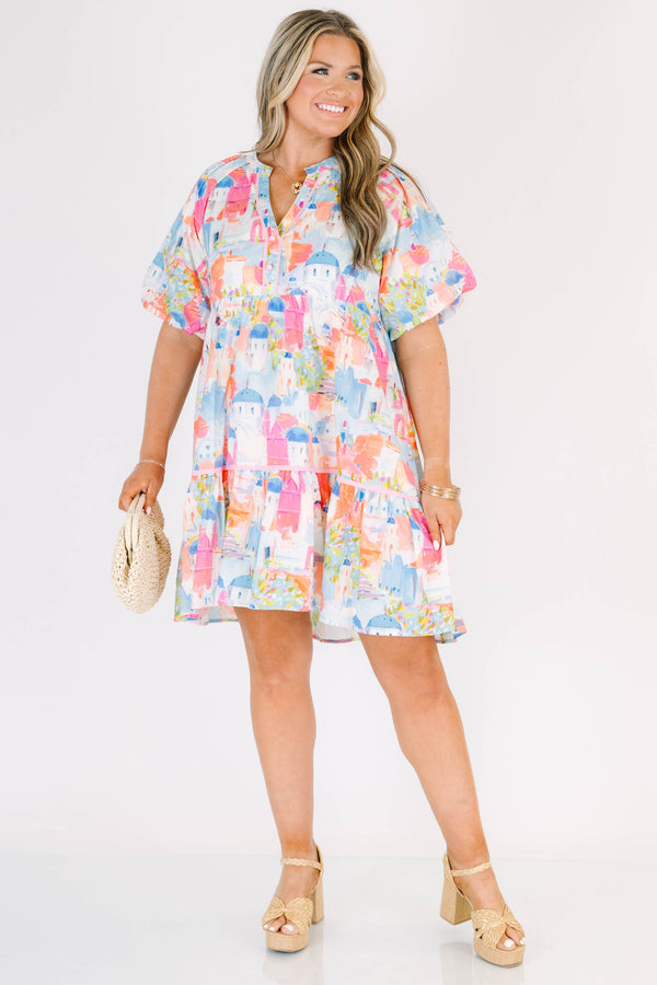 Chic soul plus size clothing, Multi color short baby doll dress with an abstract pattern and bubble sleeves 