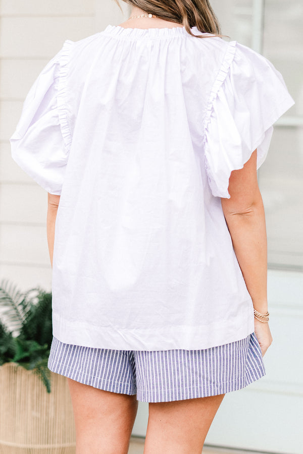 Chic Soul plus size clothing, short-puffed-sleeve white top with a ruffled mock-neck