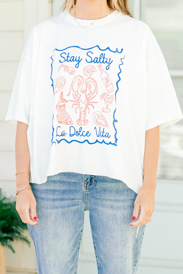 Chic Soul plus size clothing, white half sleeve tee that says 