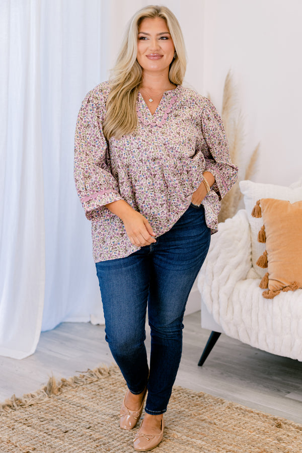Chic Soul plus size clothing, pink floral top with long sleeves and pink scalloped details around the end of the sleeves and along the v-neckline 