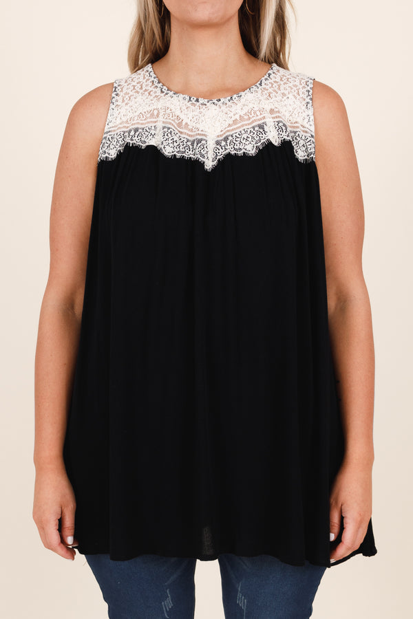 Chic Soul plus size clothing, black top with white lace detailing around neckline