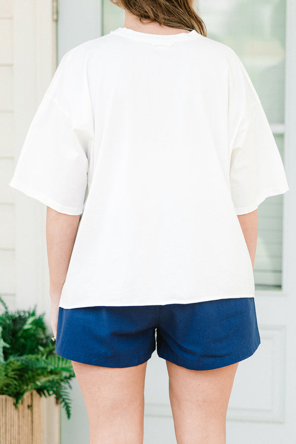 Chic Soul plus size clothing, short-sleeve white drop shoulder vintage washed tee with a high-scoop-neckline and a washed red white and blue graphic with lettering stating 