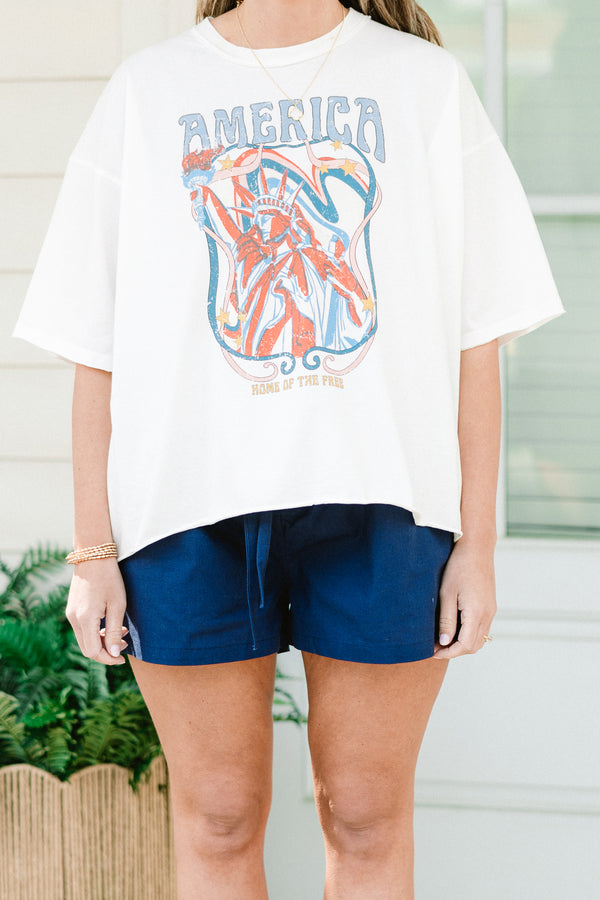 Chic Soul plus size clothing, short-sleeve white drop shoulder vintage washed tee with a high-scoop-neckline and a washed red white and blue graphic with lettering stating 