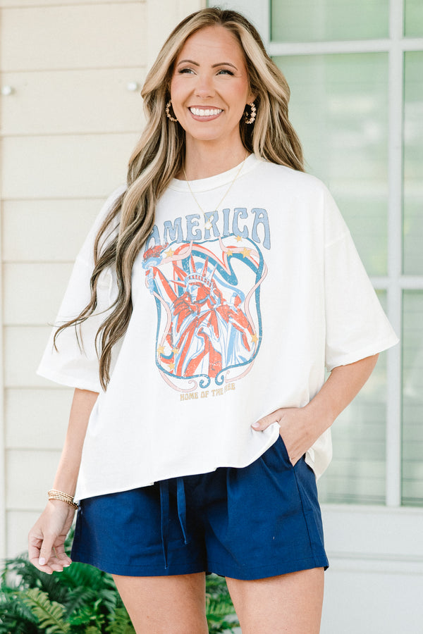Chic Soul plus size clothing, short-sleeve white drop shoulder vintage washed tee with a high-scoop-neckline and a washed red white and blue graphic with lettering stating 
