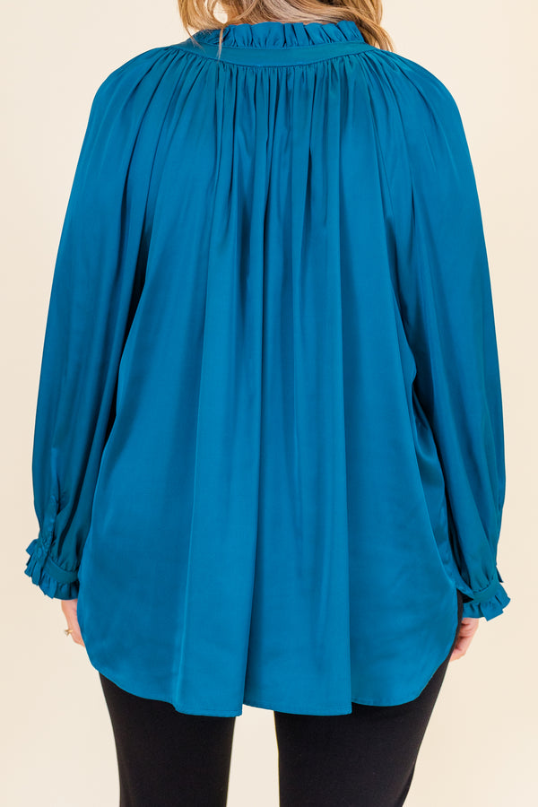 Chic Soul plus size clothing, long-sleeve v-neckline blue blouse with smocked detailing on wristline and neckline with tassels 