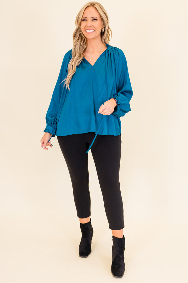 Chic Soul plus size clothing, long-sleeve v-neckline blue blouse with smocked detailing on wristline and neckline with tassels 