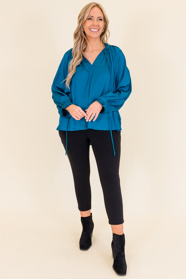 Chic Soul plus size clothing, long-sleeve v-neckline blue blouse with smocked detailing on wristline and neckline with tassels 