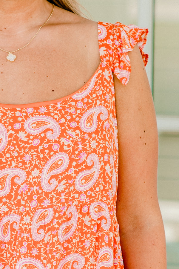 Chic Soul plus size clothing, orange sleeveless orange and pink paisley print mini dress with round neckline and ruffle straps