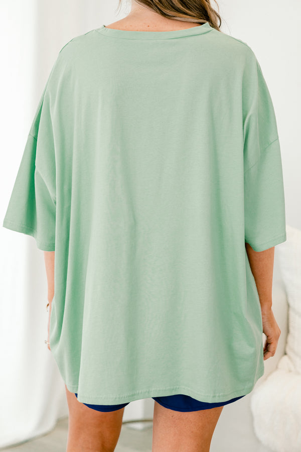Chic Soul plus size clothing, short-sleeve light green boyfriend tee with a high-scoop-neckline with a navy blue lettering stating 