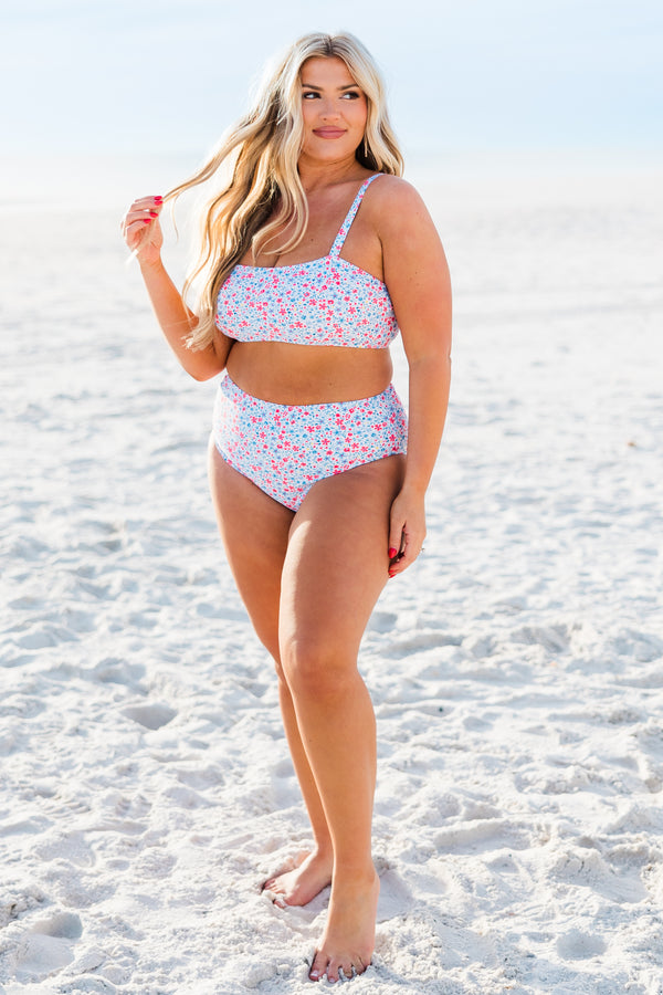 Chic Soul plus size clothing, white floral print bandeau cut bikini with spaghetti straps