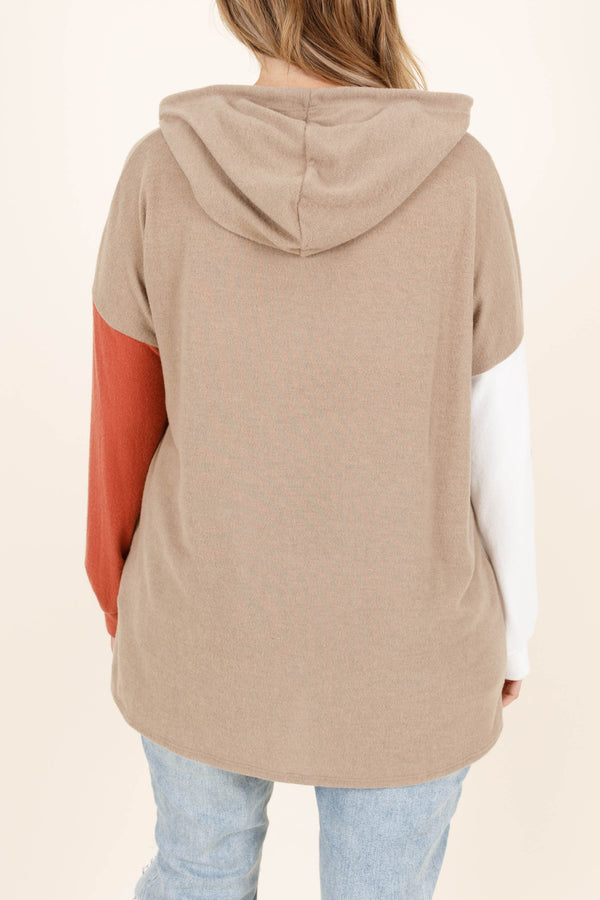 Chic Soul plus size clothing, taupe lightweight hoodie with colorblocking on the sleeves