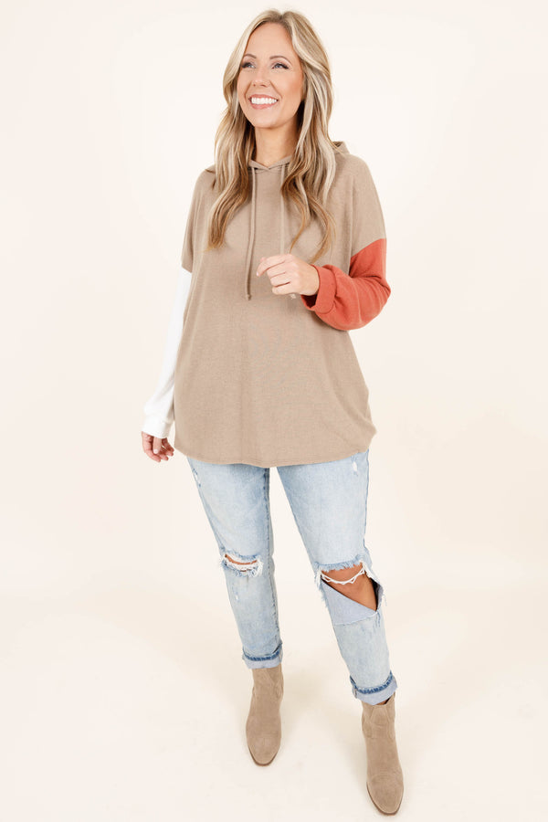 Chic Soul plus size clothing, taupe lightweight hoodie with colorblocking on the sleeves