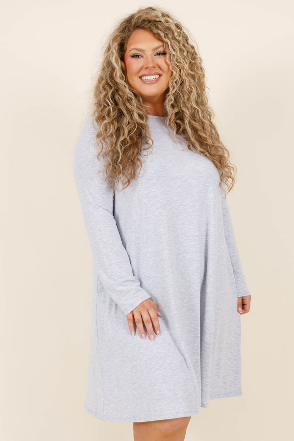 Chic Soul plus size clothing, heather grey colored long sleeve knee length buttery soft material dress
