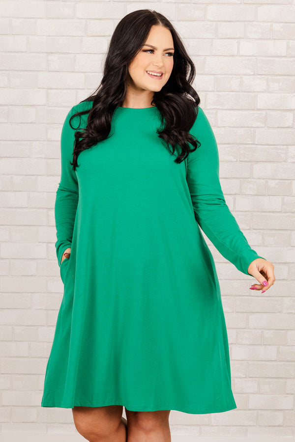 Chic Soul plus size clothing, kelly green solid dress with long sleeves 