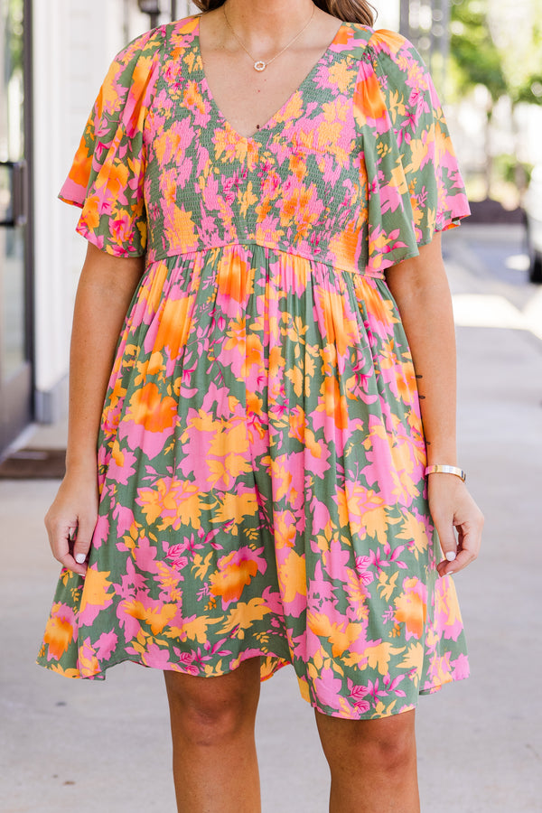 Chic Soul plus size clothing, sage babydoll dress with a multi-color floral pattern flowy short sleeves and a  v-neckline 