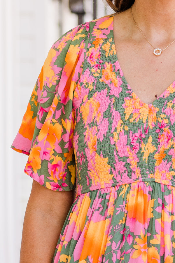 Chic Soul plus size clothing, sage babydoll dress with a multi-color floral pattern flowy short sleeves and a  v-neckline 