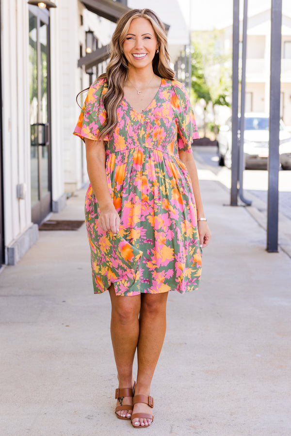 Chic Soul plus size clothing, sage babydoll dress with a multi-color floral pattern flowy short sleeves and a  v-neckline 