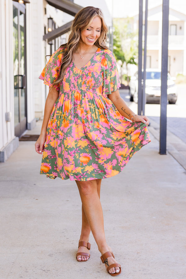 Chic Soul plus size clothing, sage babydoll dress with a multi-color floral pattern flowy short sleeves and a  v-neckline 