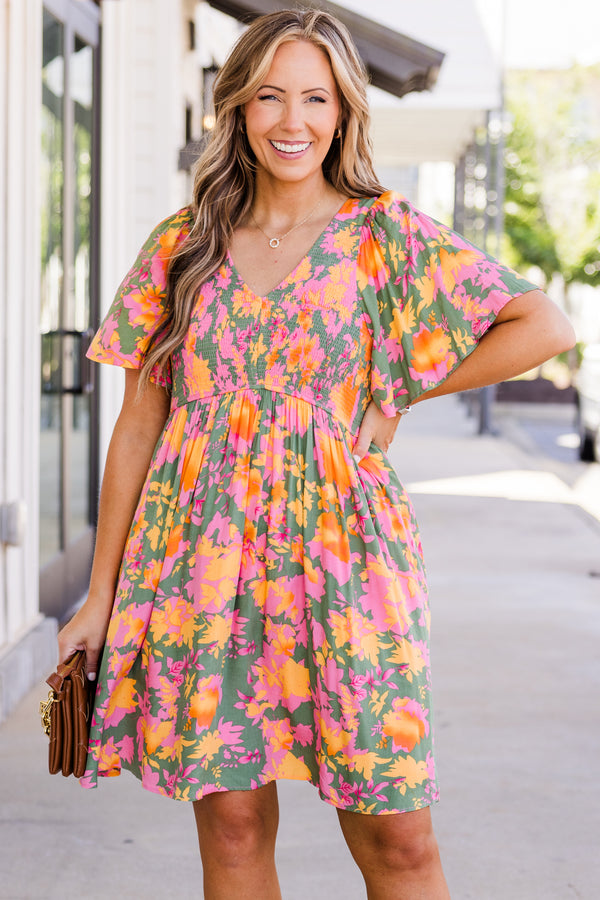 Chic Soul plus size clothing, sage babydoll dress with a multi-color floral pattern flowy short sleeves and a  v-neckline 