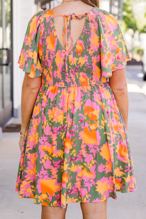 Chic Soul plus size clothing, sage babydoll dress with a multi-color floral pattern flowy short sleeves and a  v-neckline 