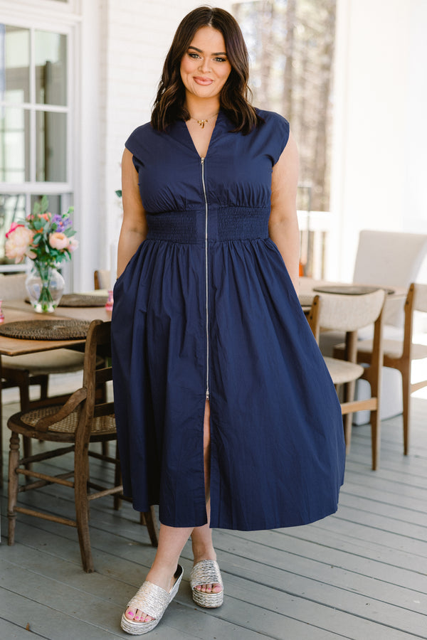 Chic Soul plus size clothing, navy flowy midi dress with cinched and ruched waistline with front zipper closure