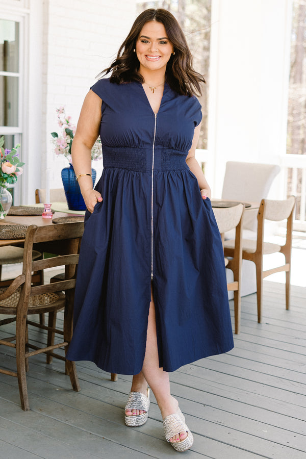 Chic Soul plus size clothing, navy flowy midi dress with cinched and ruched waistline with front zipper closure