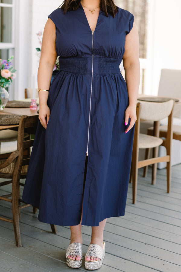 Chic Soul plus size clothing, navy flowy midi dress with cinched and ruched waistline with front zipper closure
