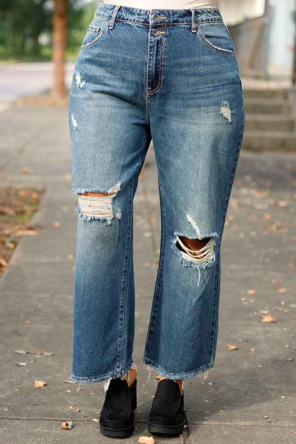 Chic Soul plus size clothing, dark washed distressed jeans with frayed hemline