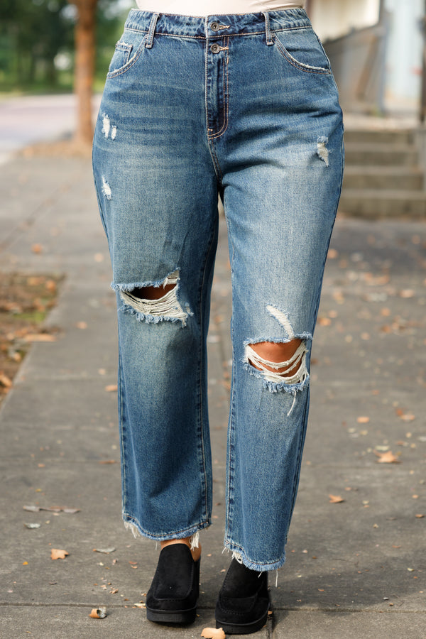 Chic Soul plus size clothing, dark washed distressed jeans with frayed hemline 