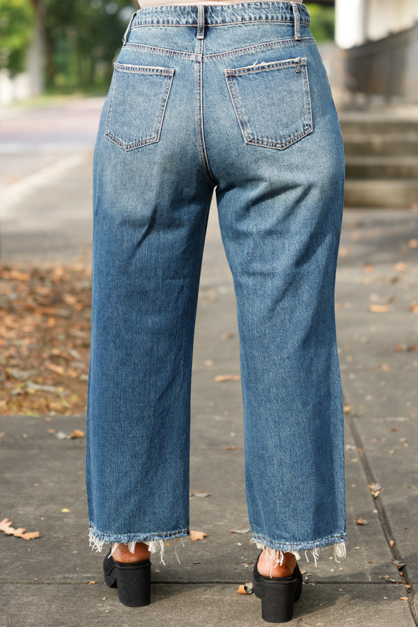 Chic Soul plus size clothing, dark washed distressed jeans with frayed hemline