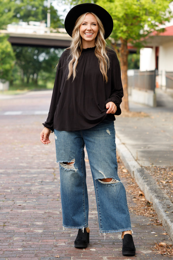 Chic Soul plus size clothing, dark washed distressed jeans with frayed hemline