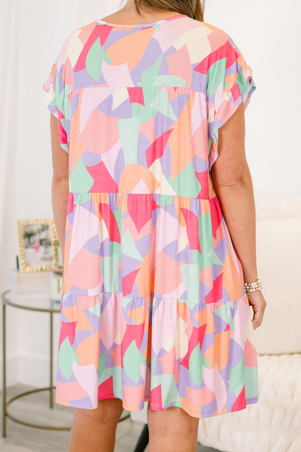 Chic Soul Plus size clothing, lavender multi-color babydoll dress with an abstract geometric pattern with flutter sleeves
