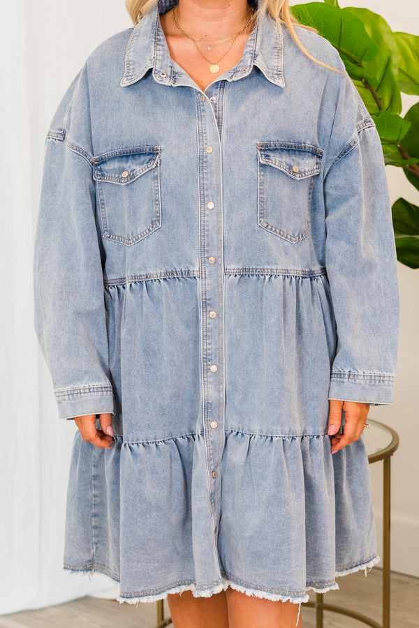 Chic Soul plus size clothing, long-sleeve light wash denim baby doll dress with ruffles and silver button detailing 