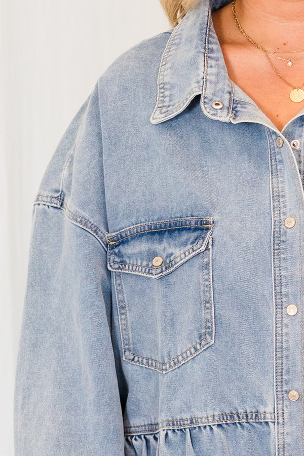 Chic Soul plus size clothing, long-sleeve light wash denim baby doll dress with ruffles and silver button detailing 