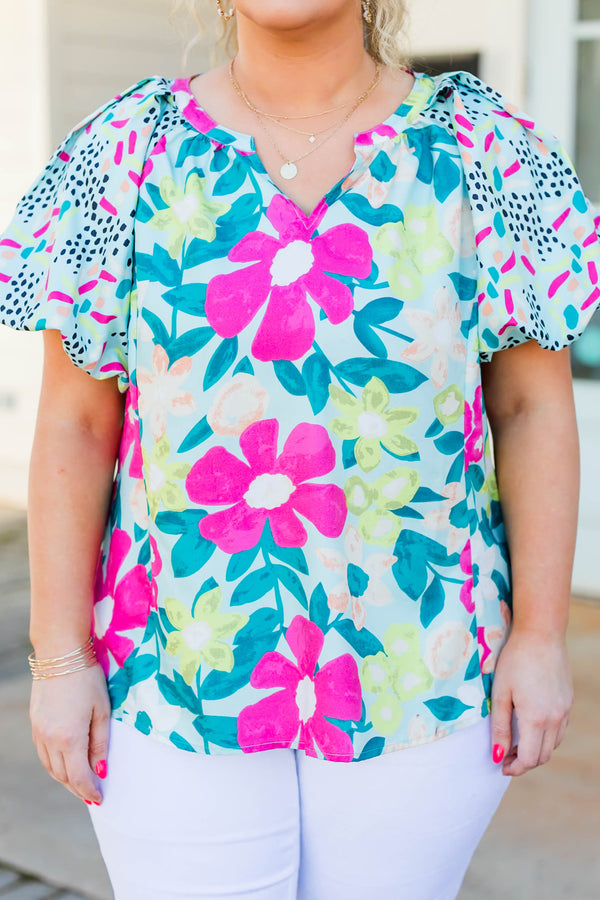 Chic Soul plus size clothing, mint short sleeve top with puff sleeves and multicolor floral design